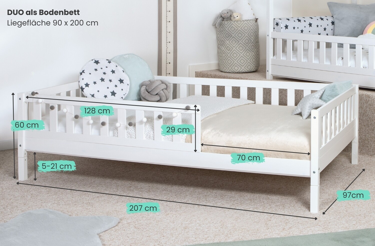 TiCAA 2 in 1 TiCAA Hausbett Bodenbett wandelbar mit abnehmbaren Dach Duo90x200 cm, 100x200 cm, 120x200 cm, 140x200 für Jungen & Mädchen, inkl. Rolllattenrost, Rausfallschutz variabel, MontessoriBett weiß aus Kiefer Massivholz