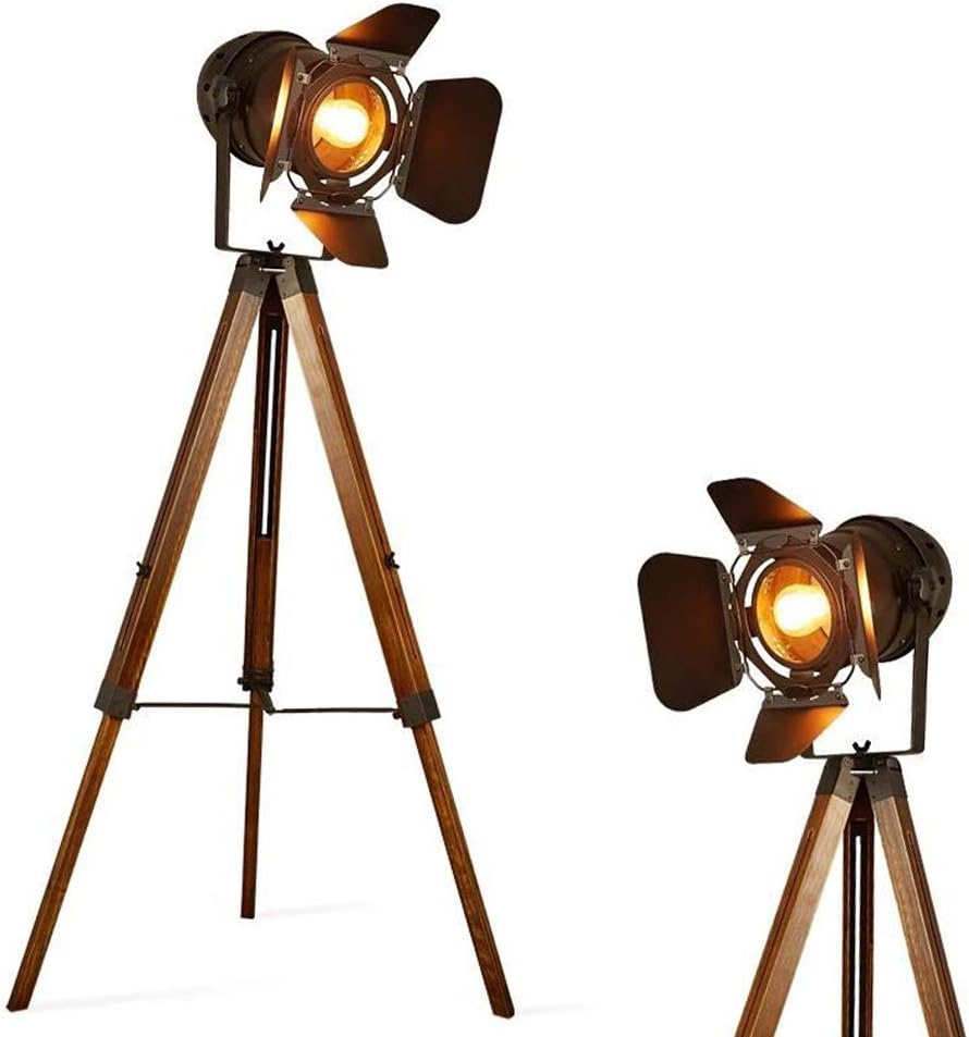 Barcelona LED Vintage Stehleuchte Tripod Stehlampe Deckenfluter im Cinema Stil, mit Dreifuß aus Holz Stativ Holz, Studiolampe, Studioleuchte, Wohnzimmerlampe, Wohnzimmerleuchte, LV 234