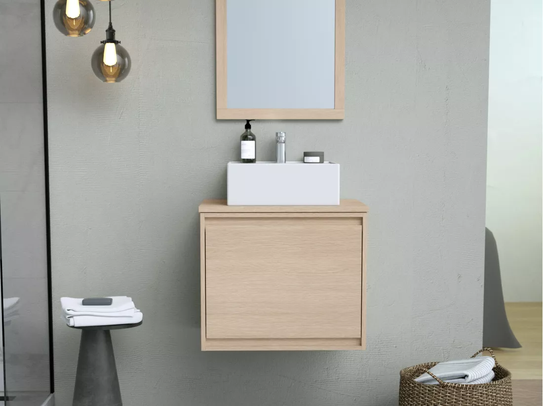 Meuble de salle de bain suspendu avec vasque à poser en céramique - Placage chêne - 60 cm - MESLIVA