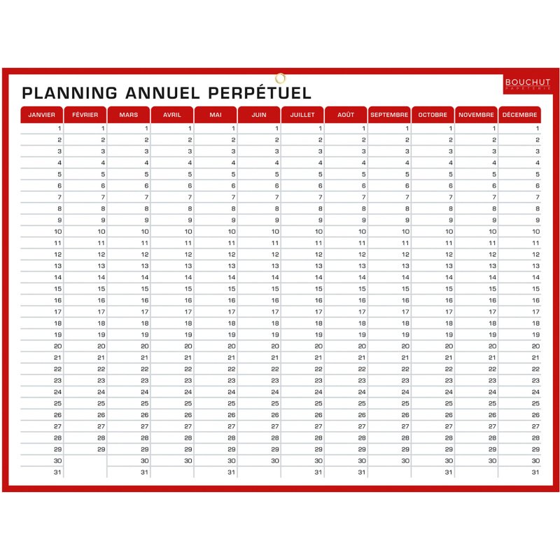 Planning perpétuel hebdomadaire / annuel - effaçable à sec - L 42 x H 32 cm