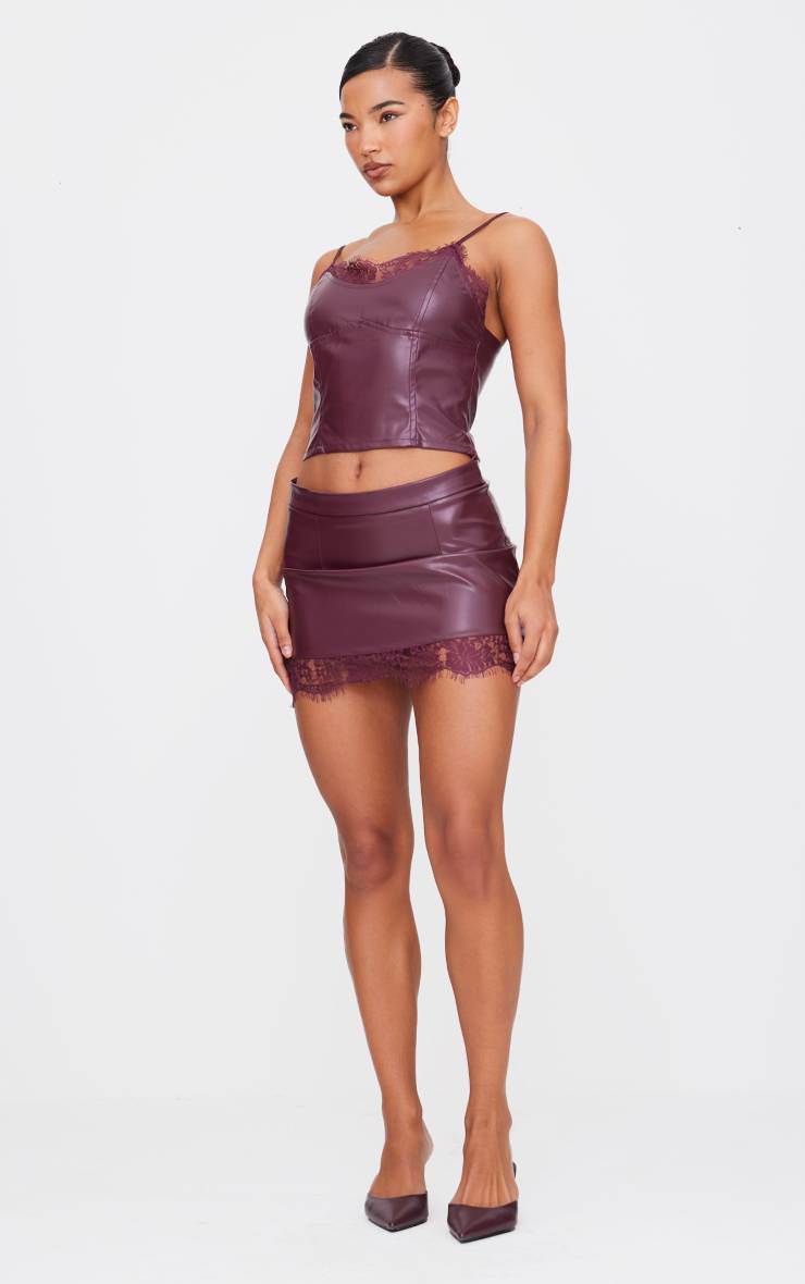 Rouge Bordeaux Top Caraco En Synthétiquecuir Mat Avec Bordure En Dentelle