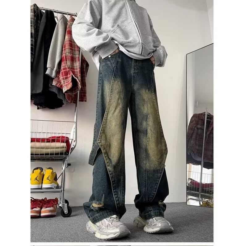 Kenning - Mid Rise Distressed Strappy Wide Leg Jeans
