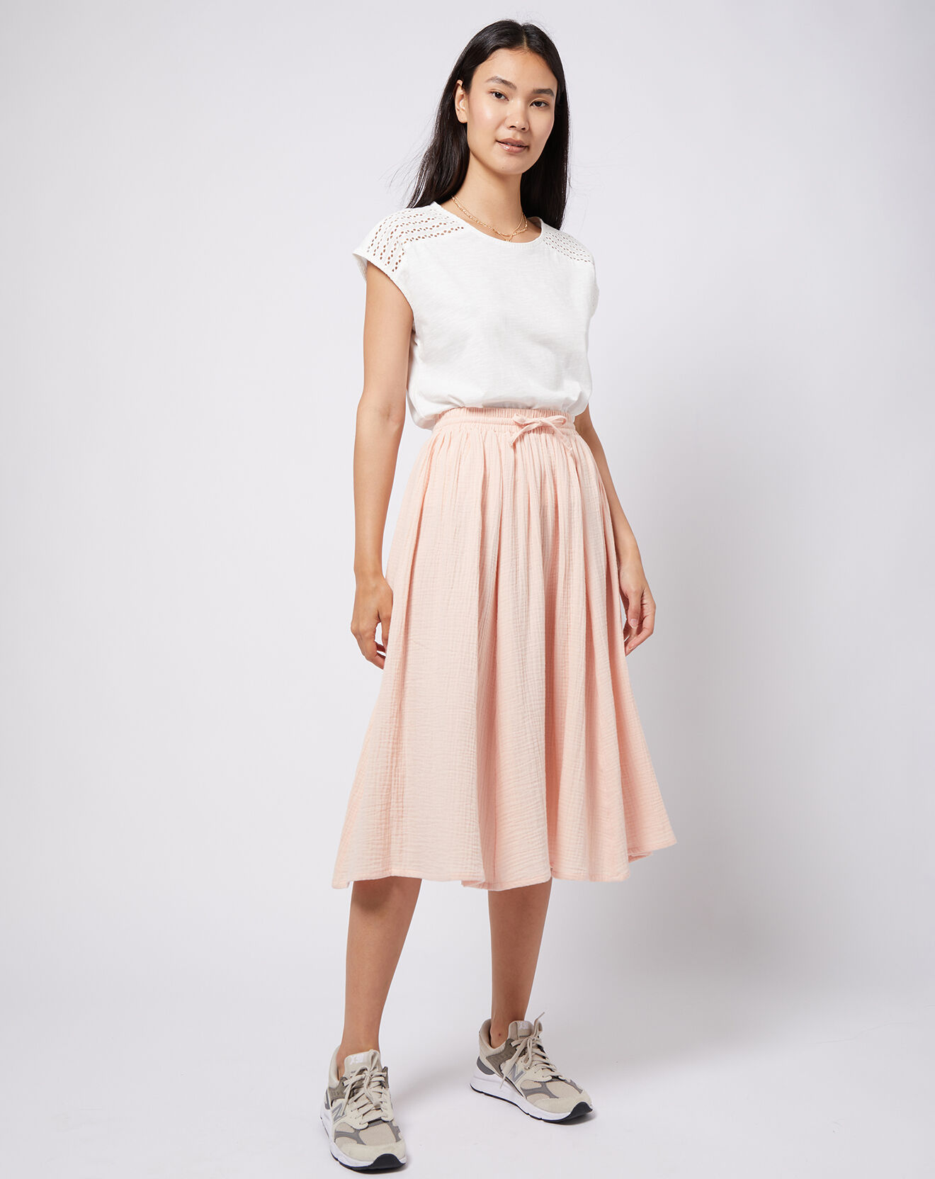 Esprit Jupe midi en Gaze de coton rose clair/pêche
