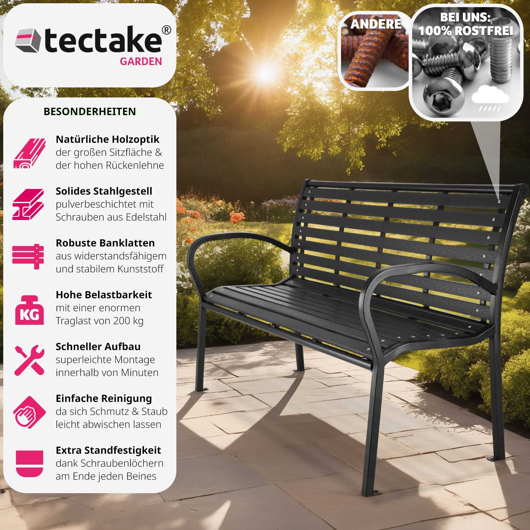 tectake® Gartenbank, 3-Sitzer, wetterfest, 126 x 62 x 81,5 cm