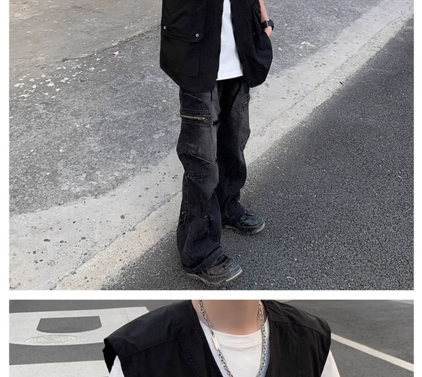 Femilina - V-hals effen utility vest met rits