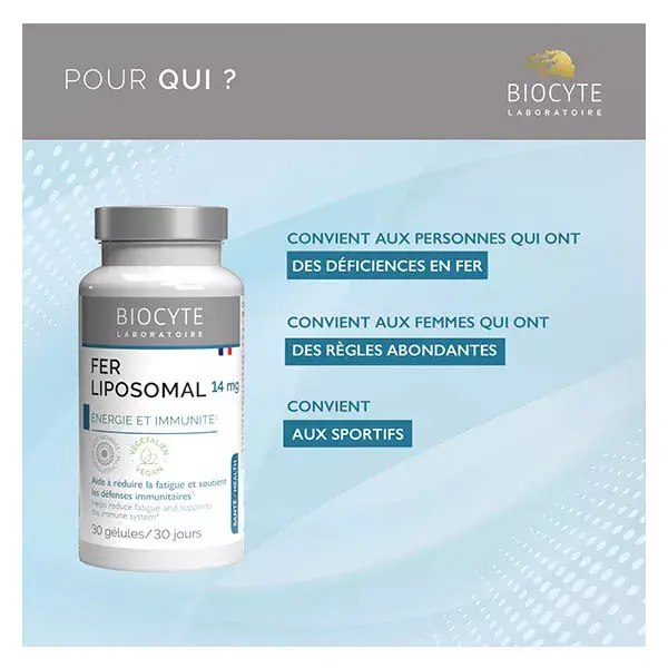 Biocyte Fer Liposomal Energie & Immunité Fer Vitamine C Vitamine B12 30 Gélules