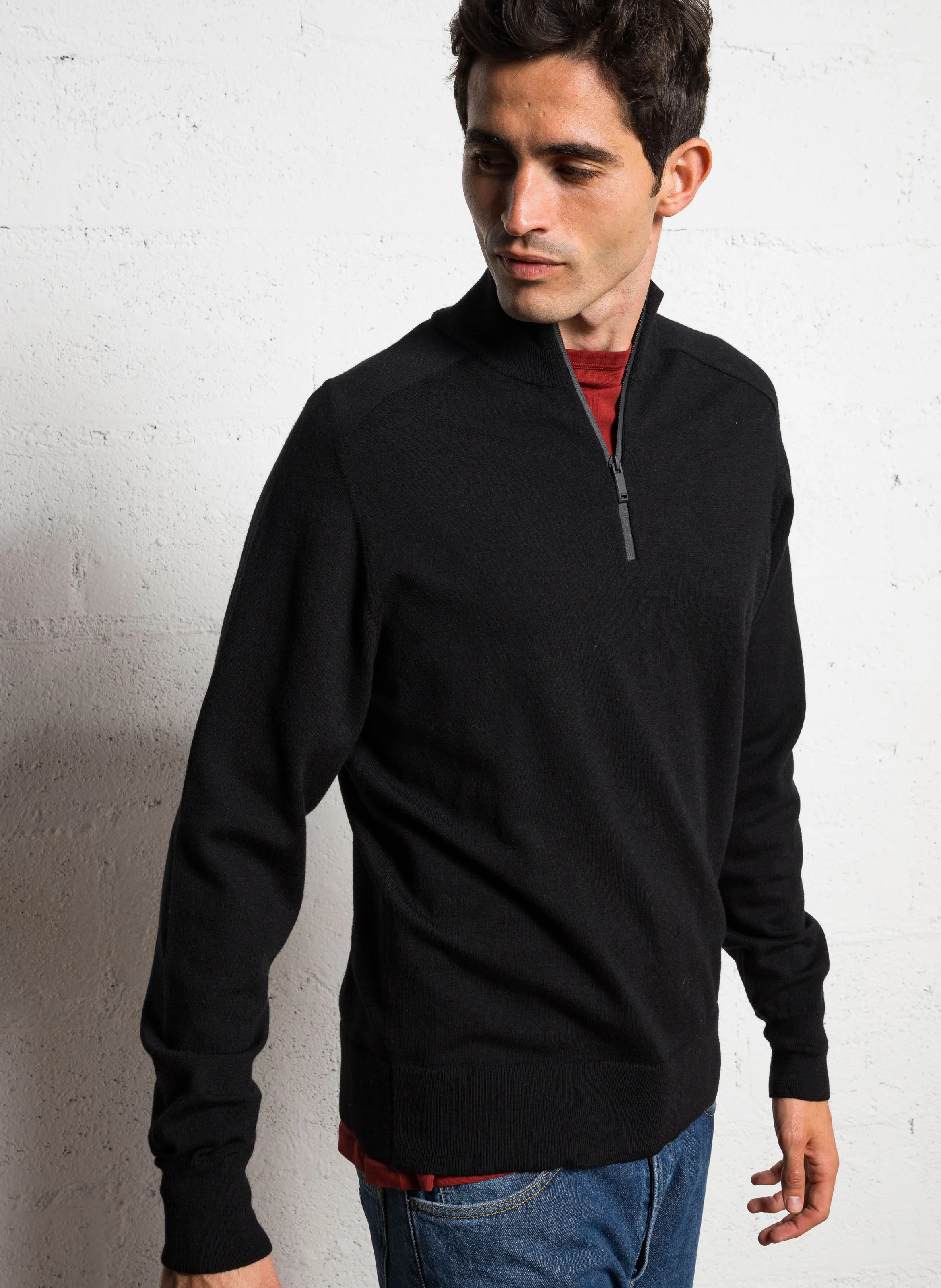 Pull col zippé droit en laine mélangée | Gris