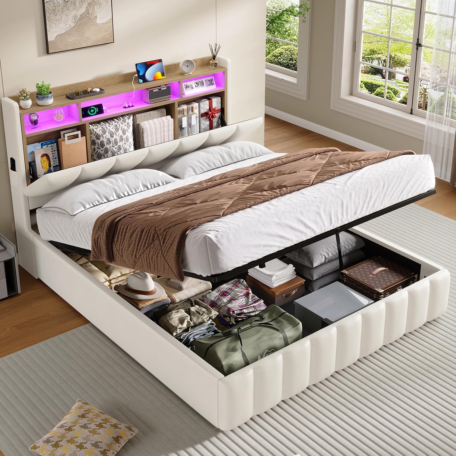 Bett mit LED Beleuchtung, Hydraulisches Bett 140 x 200 cm, Polsterbett, Regalkopfteil mit Stauraum, Bettgestell mit Lattenrost, bequem, für Schlafzimmer, Gästezimmer, PU Weiß