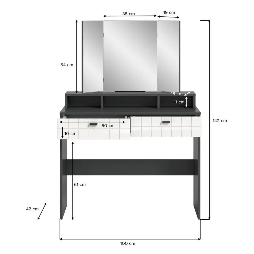 Hioshop Monte kaptafel inclusief spiegel 2 lades- 3 planken wit hoogglans-