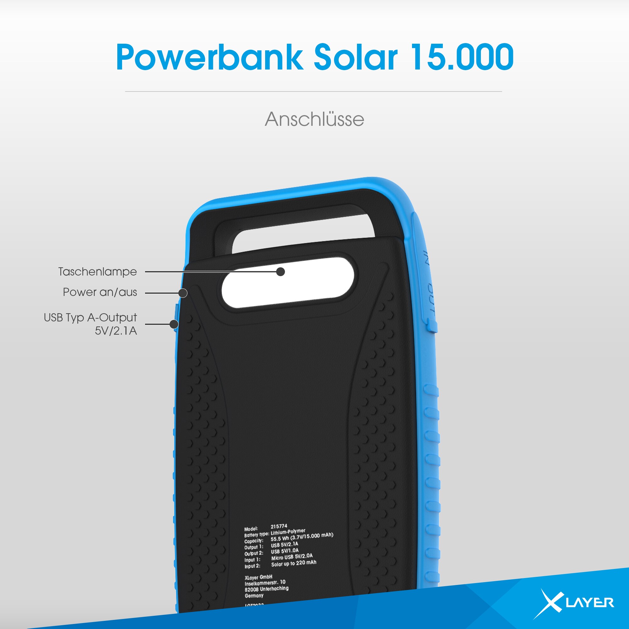 Xlayer POWERBANKS Solar Power Bank I 15000mAh I Camping I Outdoor Ladegerät