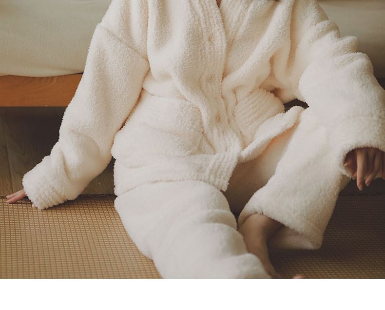 Murmursong - Pyjamaset: V-hals effen fleecejack met knopen + elastische tailleband met rechte pijpen (verschillende ontwerpen)