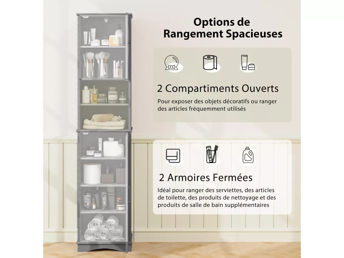Armoire de Salle de Bain de 170 cm de Hauteur, Meuble de Rangement, Colonne, 5 Étagères Réglables, Placards à Porte, 2 Compartiments, Gain de Place, 30 x 40 x 170 cm, Gris