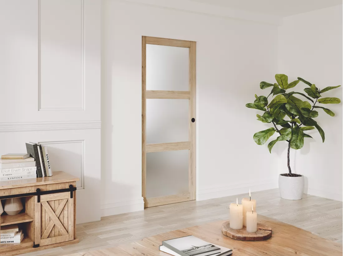 Porte coulissante avec système à galandage en bois et verre trempé dépoli - 3 fenêtres - H205 x L93 cm - ACOSTA II