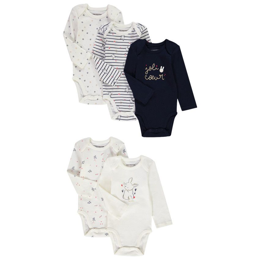 Lot de 5 bodies manches longues en jersey pour bébé fille - Ecru