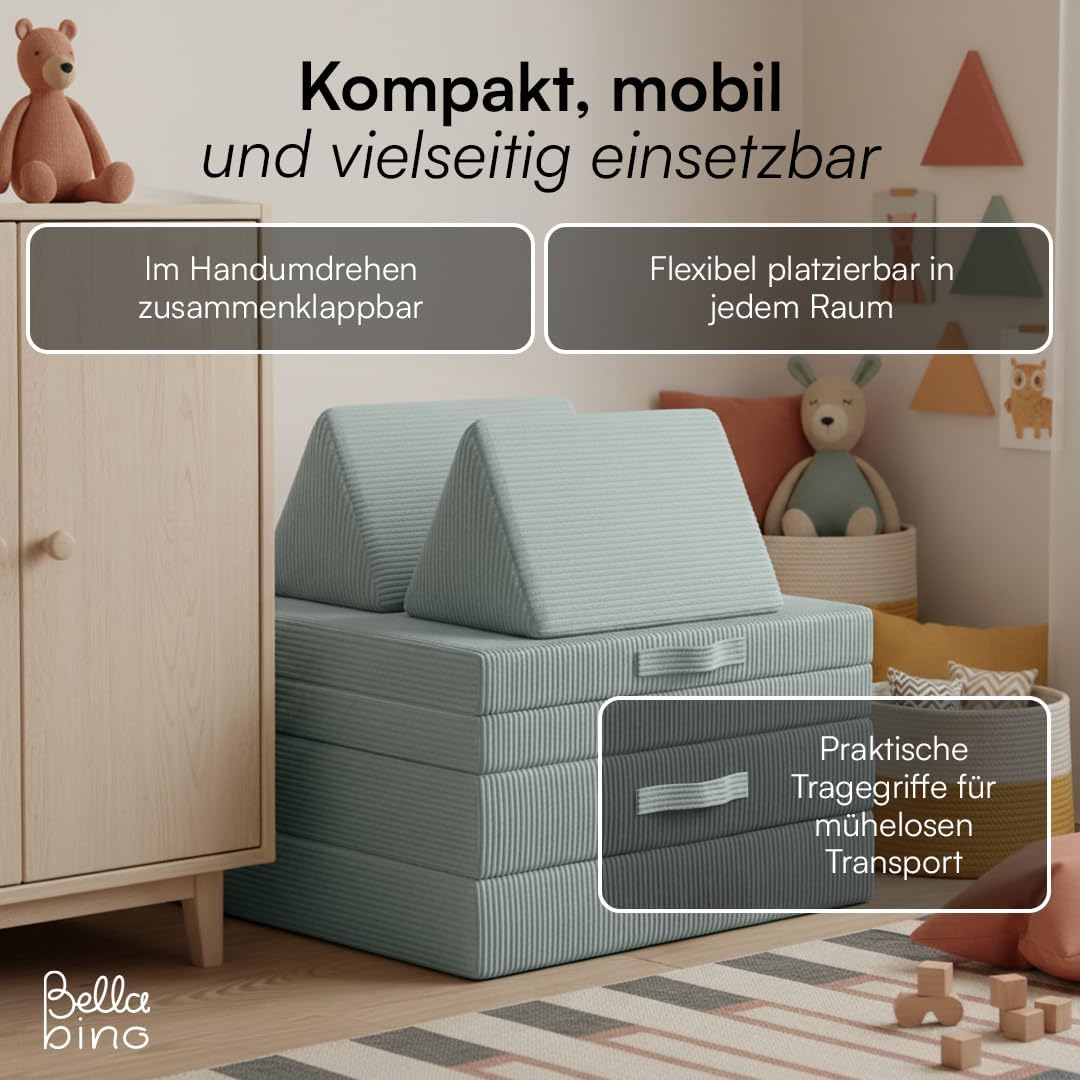 Bellabino Nile Spielsofa für Kinder – Kindersofa Cord in Türkis – Spielesofa aus Schaumstoff Bausteine – modulare Kindercouch ausklappbar – Spielcouch waschbarer Bezug – Sofa Kinderzimmer Kuschelecke