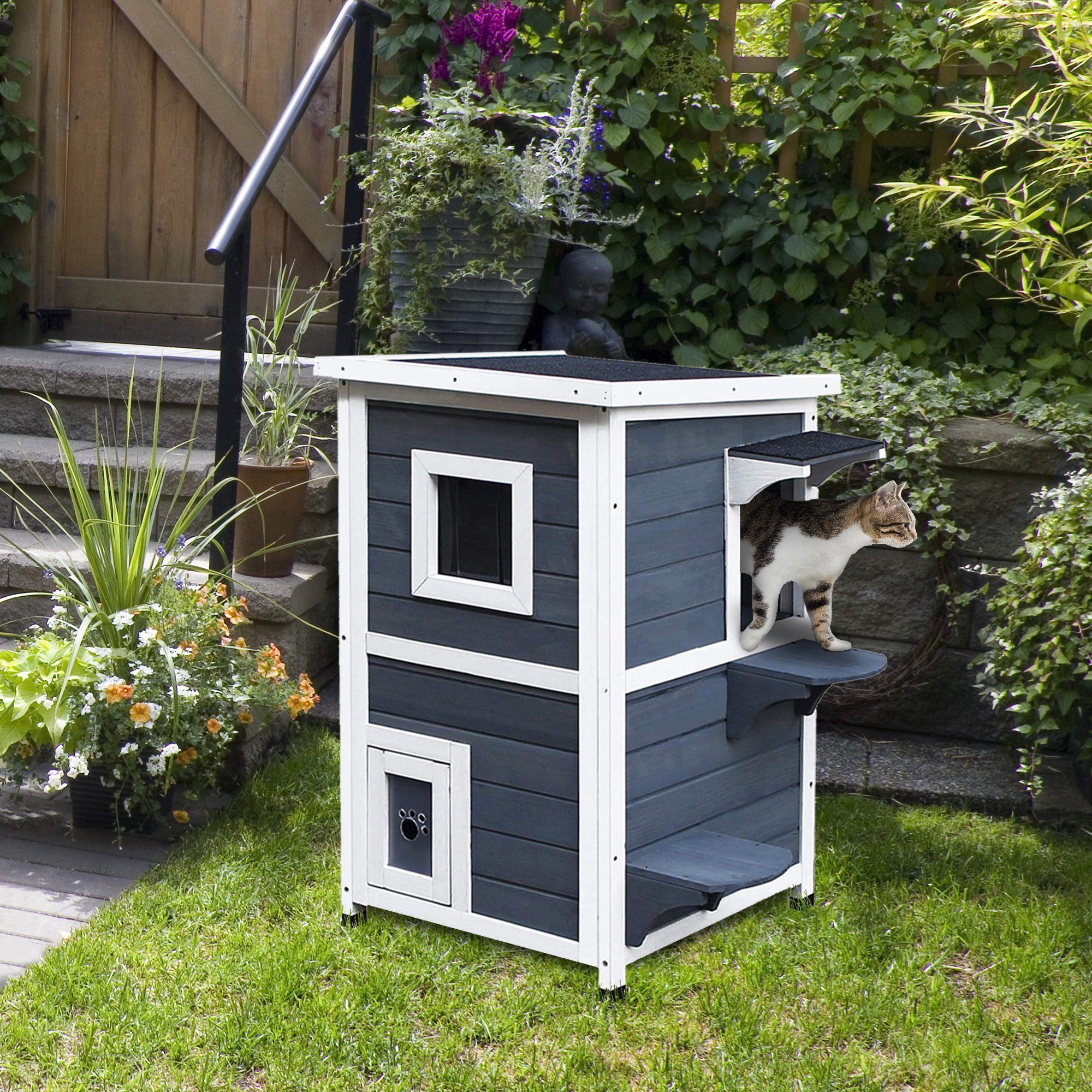 PawHut Katzenvilla mit 2 Etagen grau, weiß 51 x 51 x 81,3 cm (LxBxH)