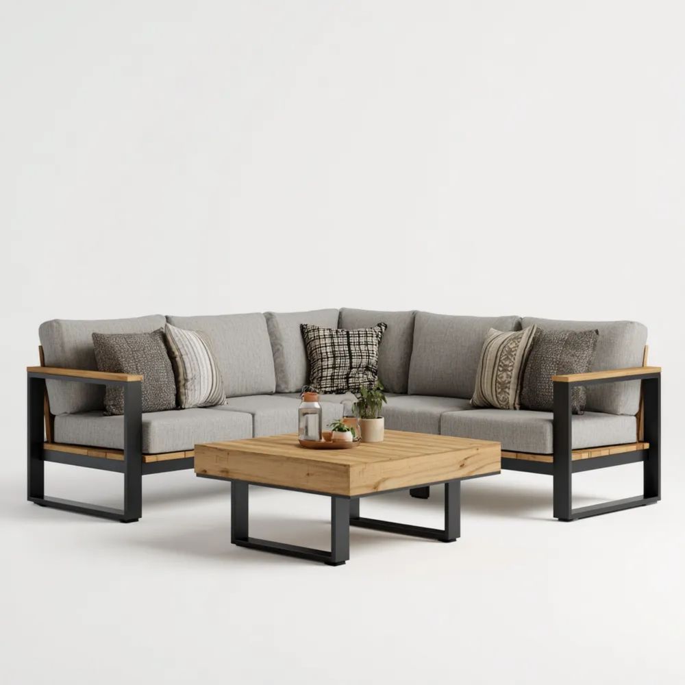 Garten-Sofaset Metallgestell 200x200x85 cm – Hellgrau – Modernes Design mit Couchtisch 90x90x40 cm