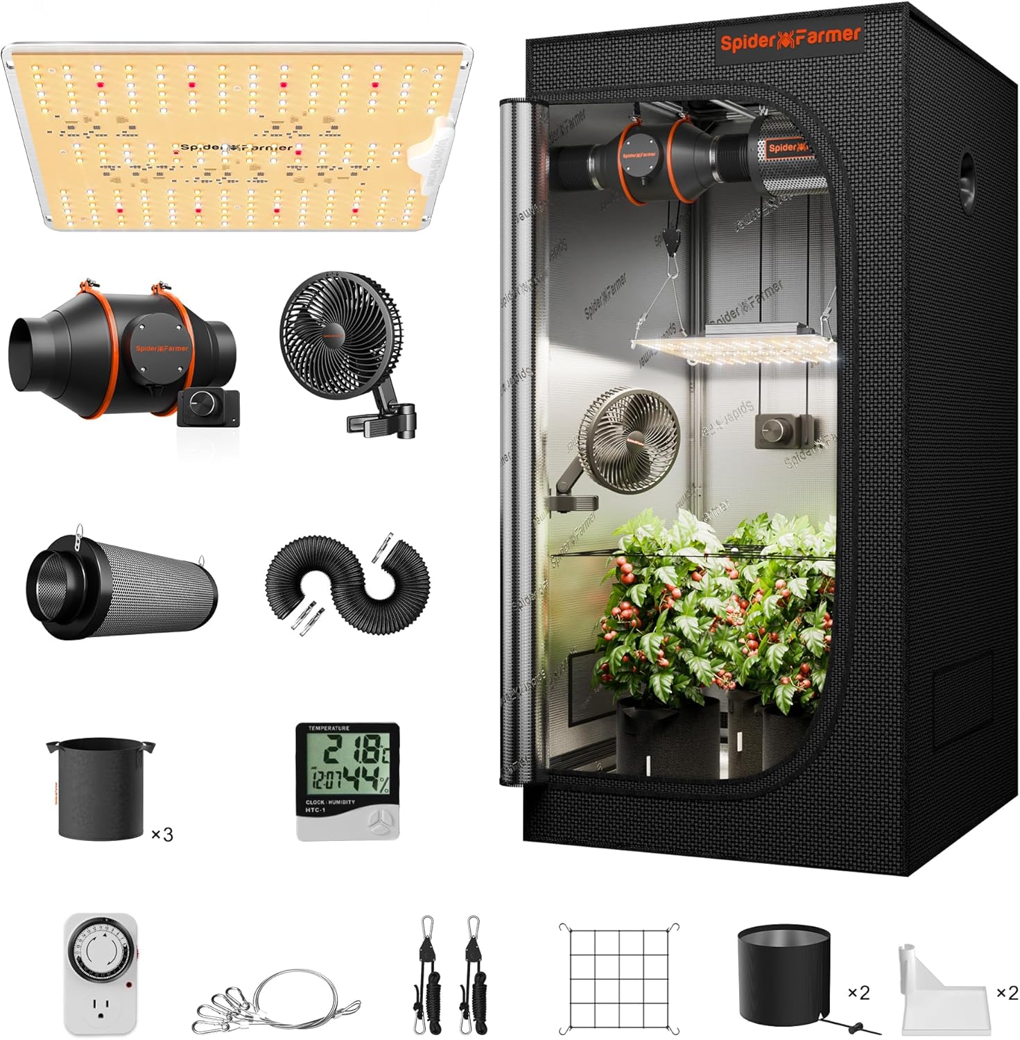 Spider Farmer SF1000D Growzelt Komplettset LED Grow Lampe Vollspektrum LM301B LEDs Growzelt Kit Komplettes 60x60x140cm Hydroponics 1680D Growing Tent Kit Belüftungssystem