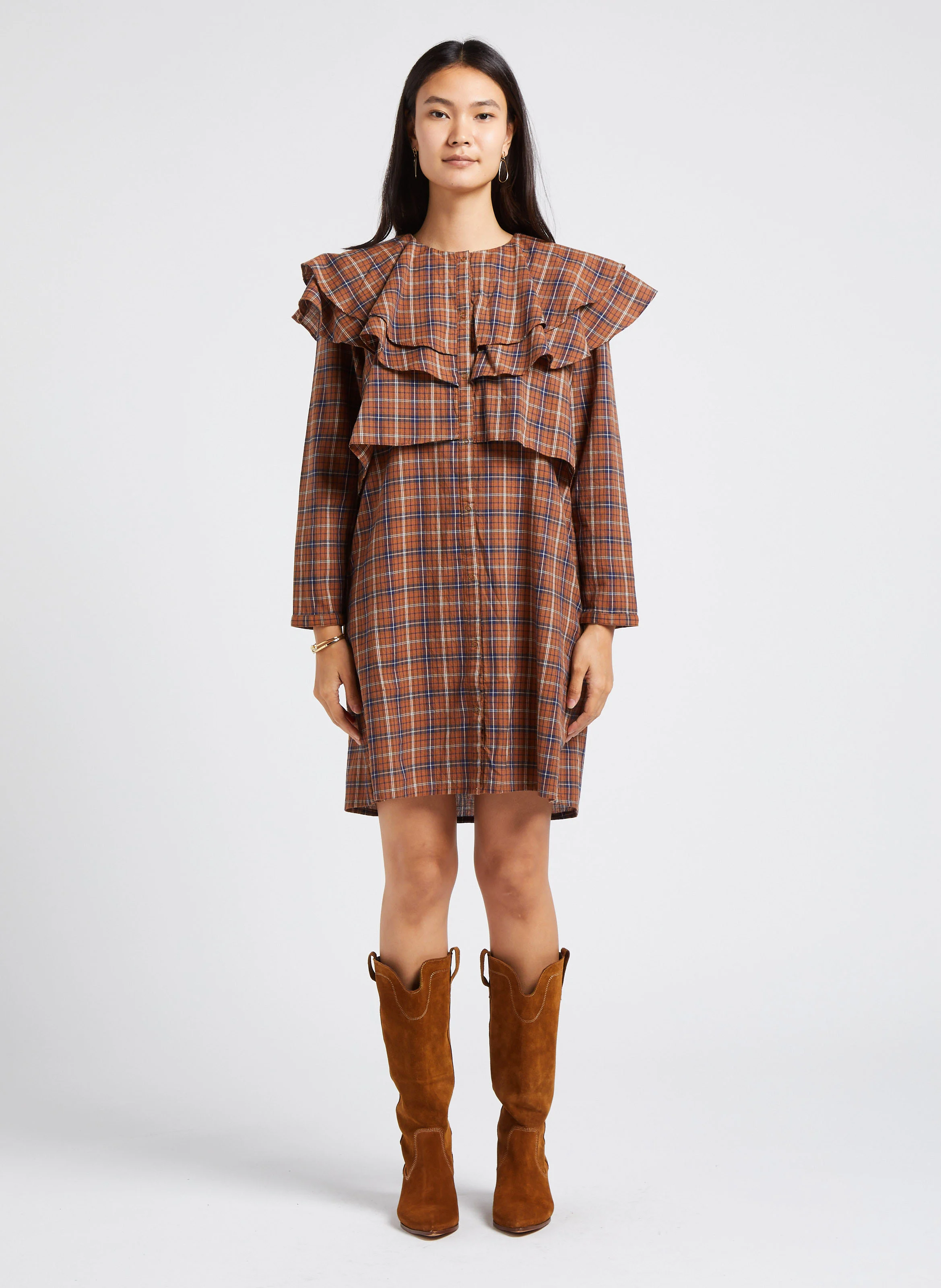 BERGAME - Robe droite col rond en coton | Marron