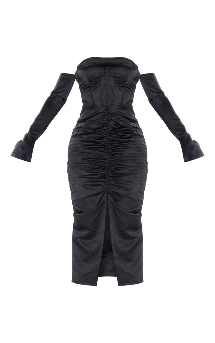 Noir Robe Midi En Satin Structuré Premium Avec Drapé Frontal