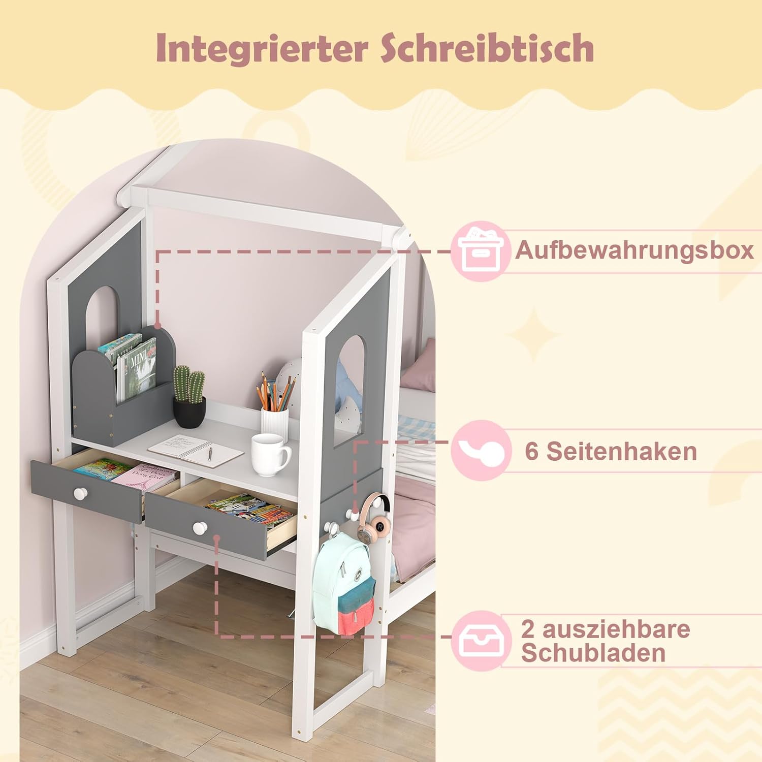 COSTWAY 90x200 cm Hausbett mit Rausfallschutz & Schreibtisch, Kinderbett mit Lattenrost, Schubladen und Haken, Jugendbett bis 150kg belastbar, Holzbett für Kinder, weiß