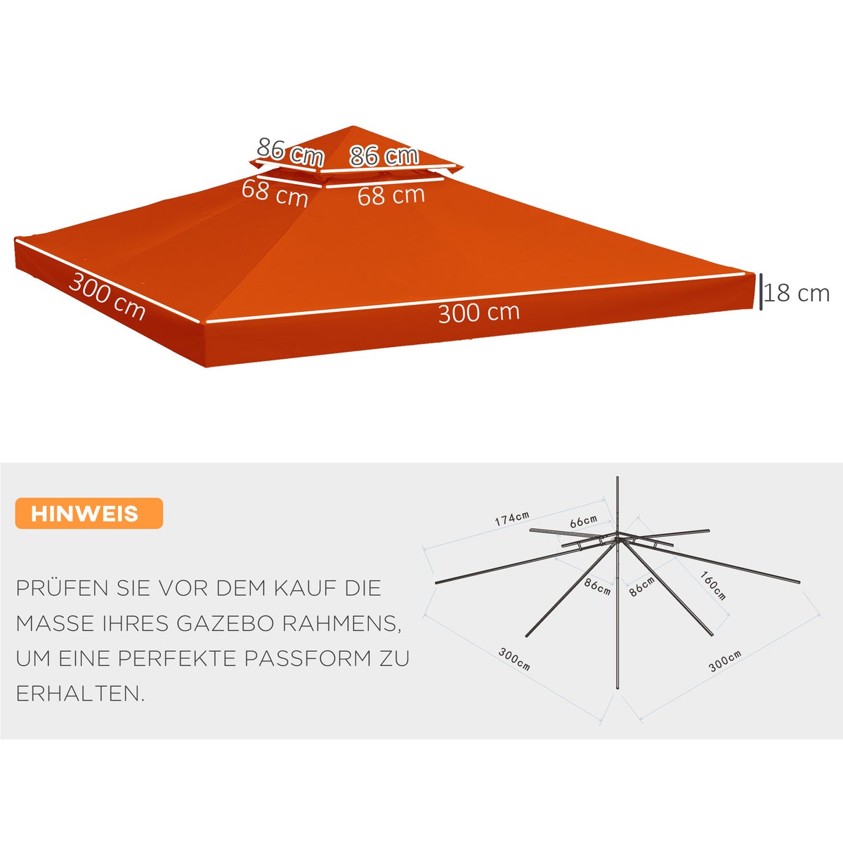 Outsunny vervangingsdak, prieeldak voor metalen prieel, 3x3m, polyester, roestrood