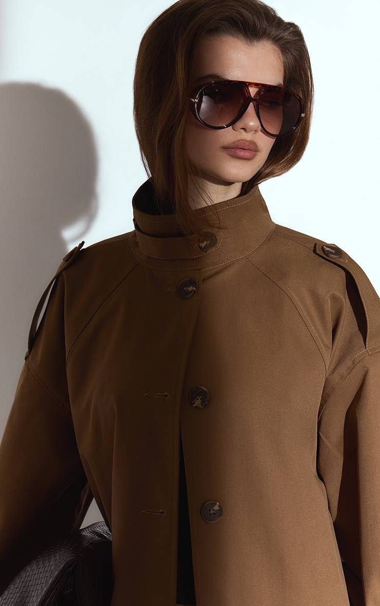 Camel Manteau Trench Long Col Montant
