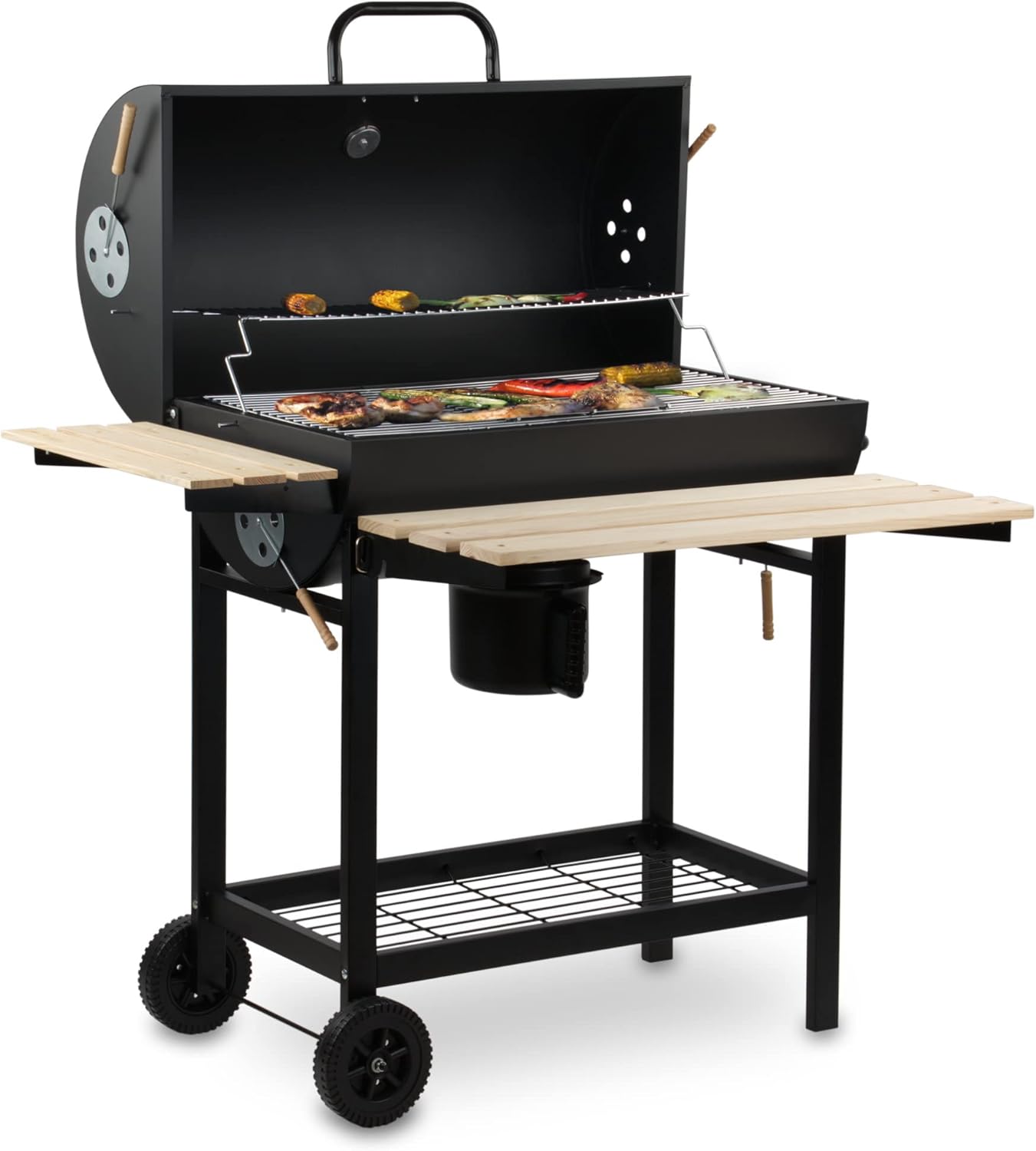 BBQ-Toro Holzkohle Grillwagen mit Deckel | Ø 80 x (L) 42 cm | Premium Holzkohlegrillwagen fahrbar, inkl. Thermometer, Warmhalterost, Holz Ablagen | Smoker, Holzkohlegrill, Barbecue Grill, Holz Grill