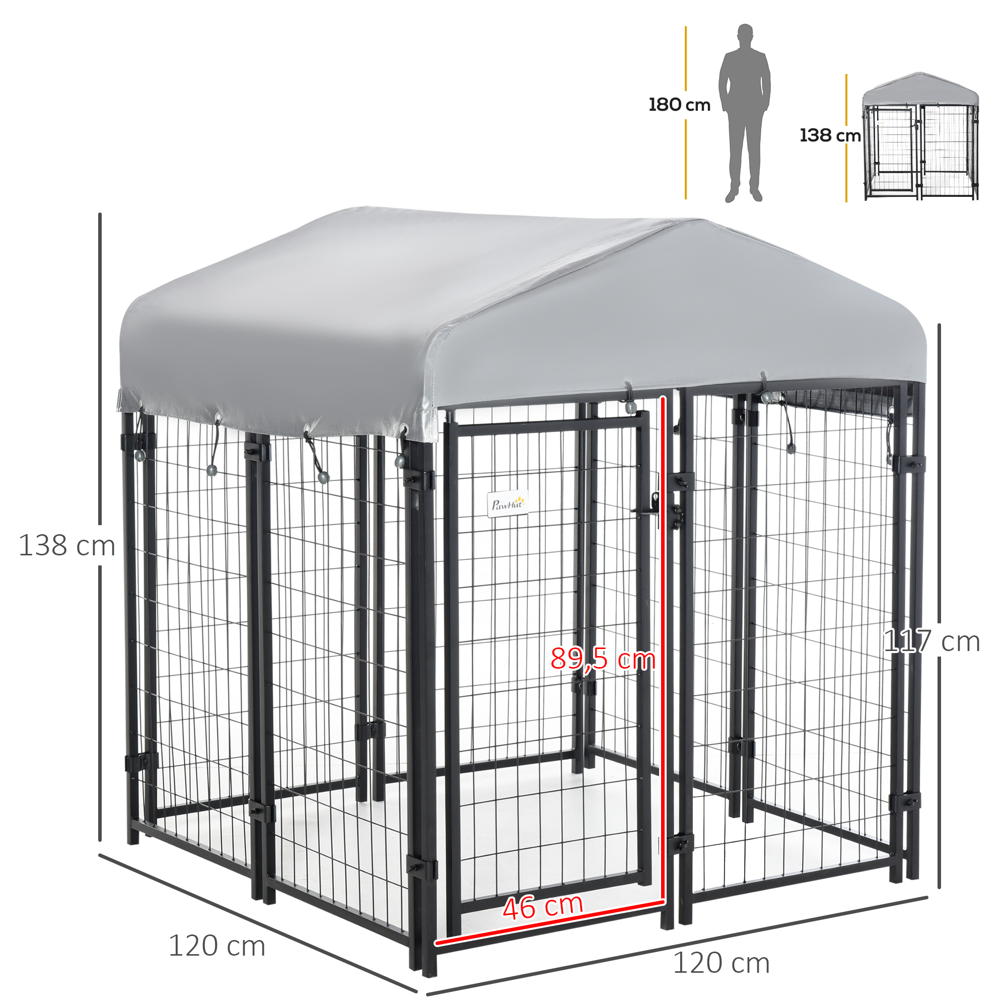 Canil externo Pawhut com cobertura, 120x120x138 cm, gaiola para cães, cercado para animais de estimação com tela metálica e porta com trava para jardim e pátio, cor prata.