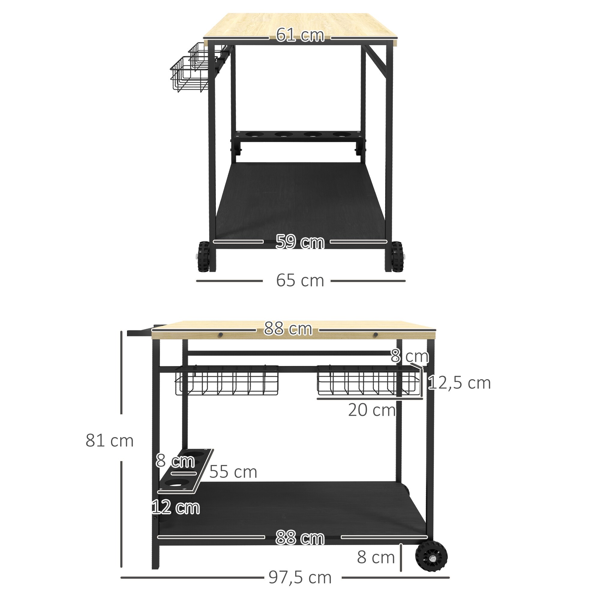 Outsunny Servierwagen mit 2 Ebenen natur 97,5L x 65B x 81H cm