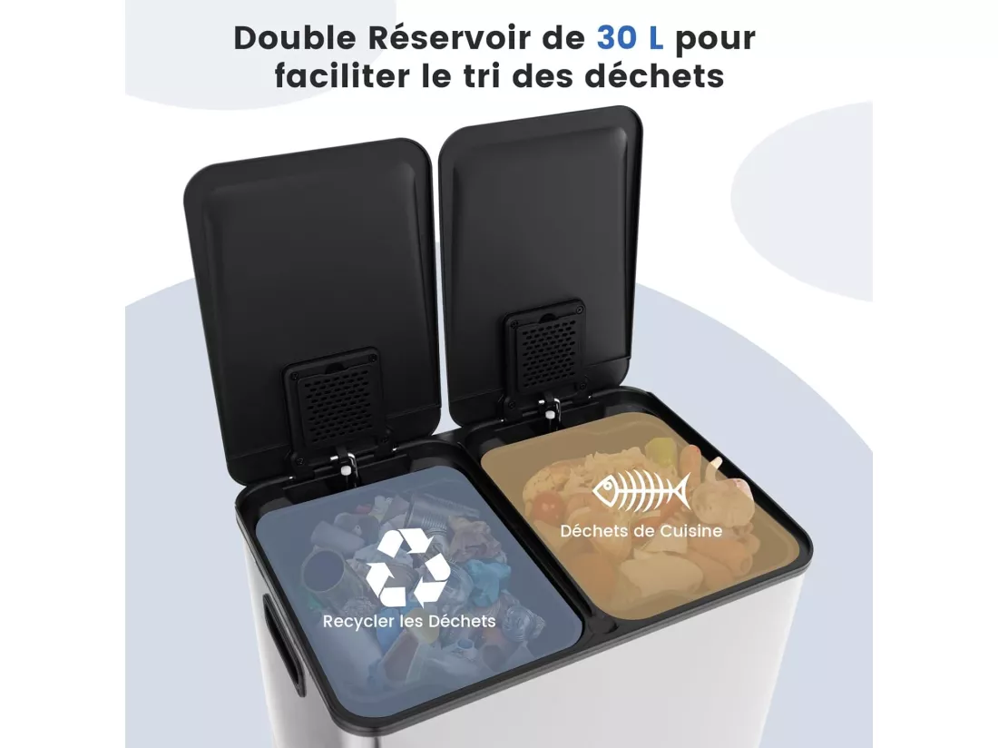 Poubelle Double Compartiments 2 x 30L, Poubelle Tri Selectif en Acier Métal, Anti-Empreinte, 2 Seaux Intérieurs en Plastique, Fermeture en Douceur, Casier pour Désodorisant