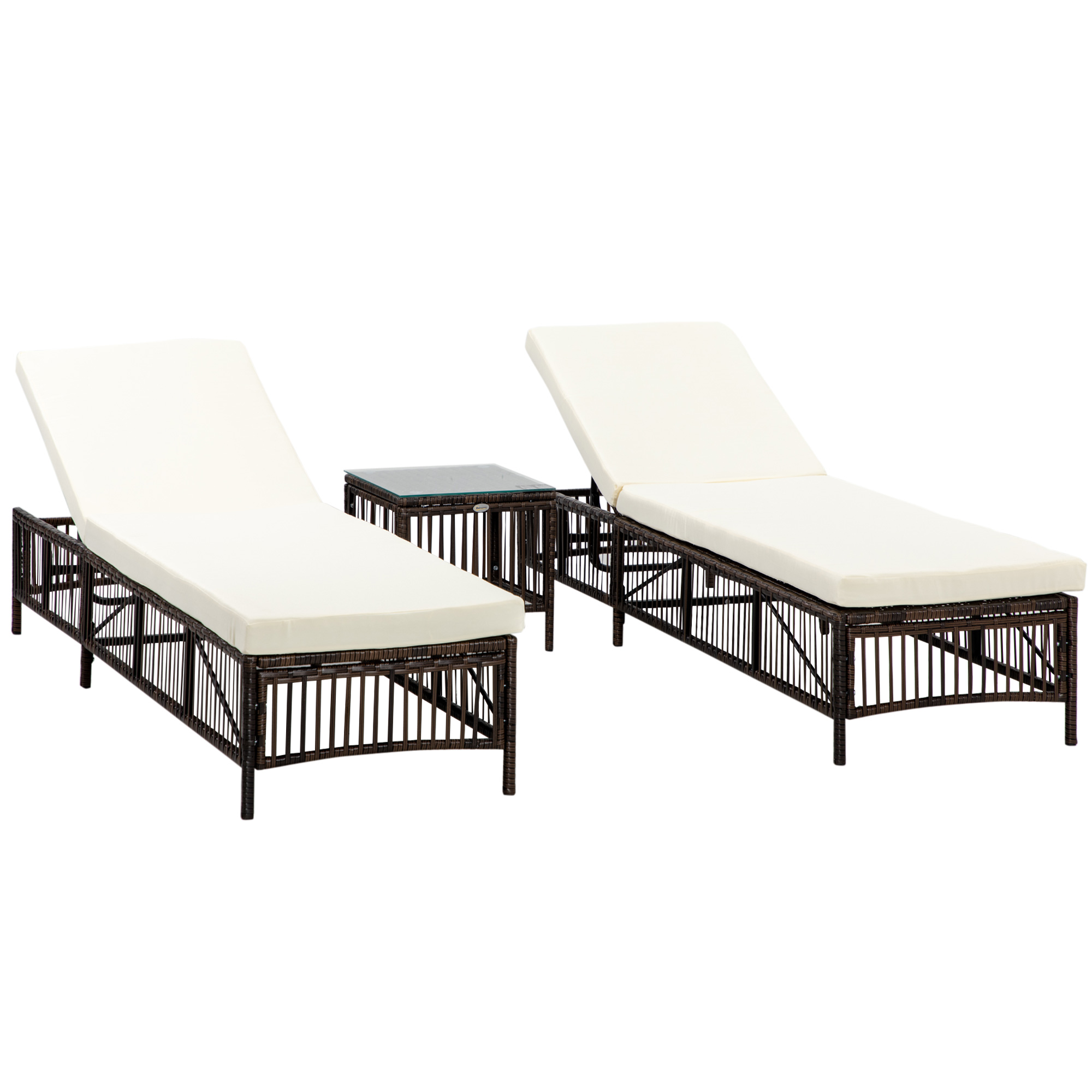 Conjunto Outsunny de 2 espreguiçadeiras de vime para jardim com mesa de centro, encosto ajustável em 5 níveis e almofadas, 196x54x32 cm, marrom