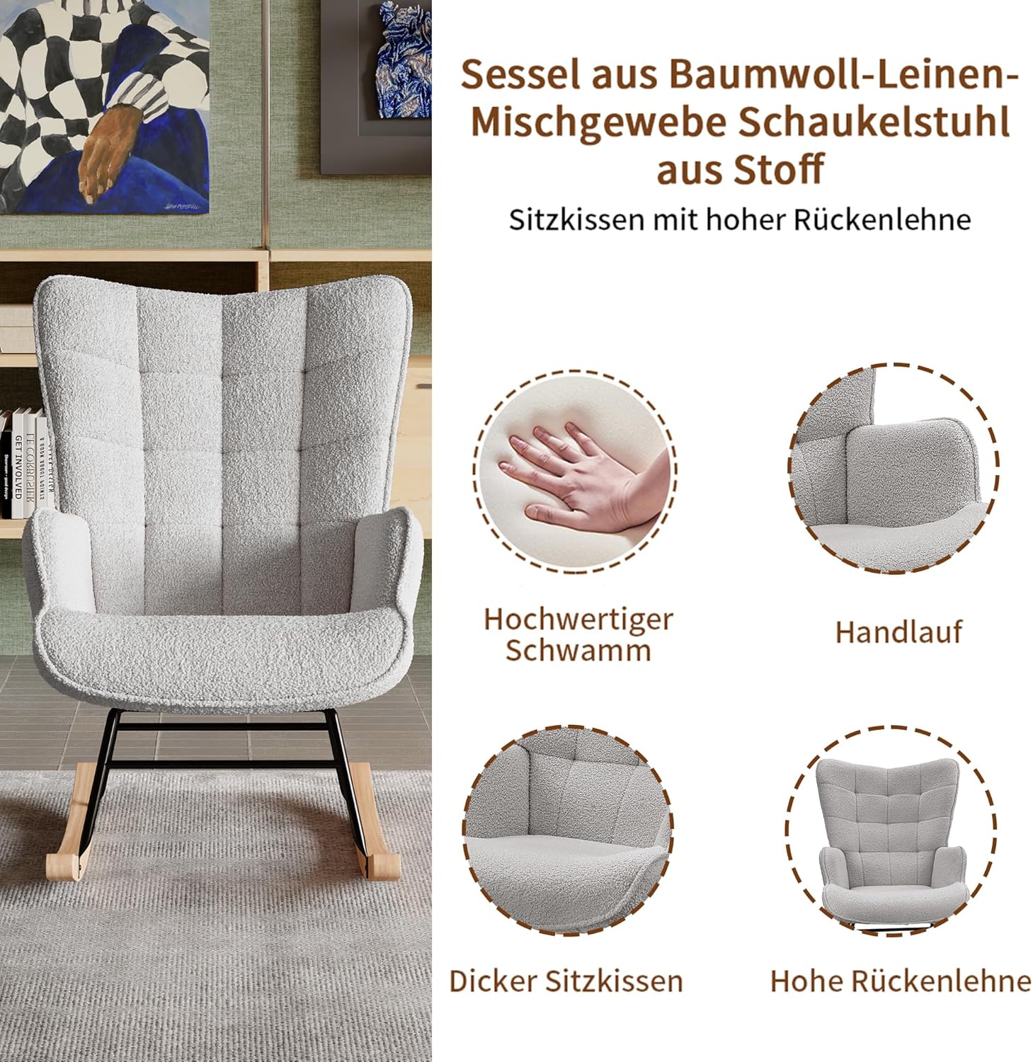 Schaukelstuhl Relaxsessel Stillsessel Schaukelsessel Wohnzimmersessel Schwingsessel mit Metallgestell und Holzsockel, Belastbarkeit Bis 130 Kg, Teddystoff, Hellgrau, 75 x 68 x 92 cm