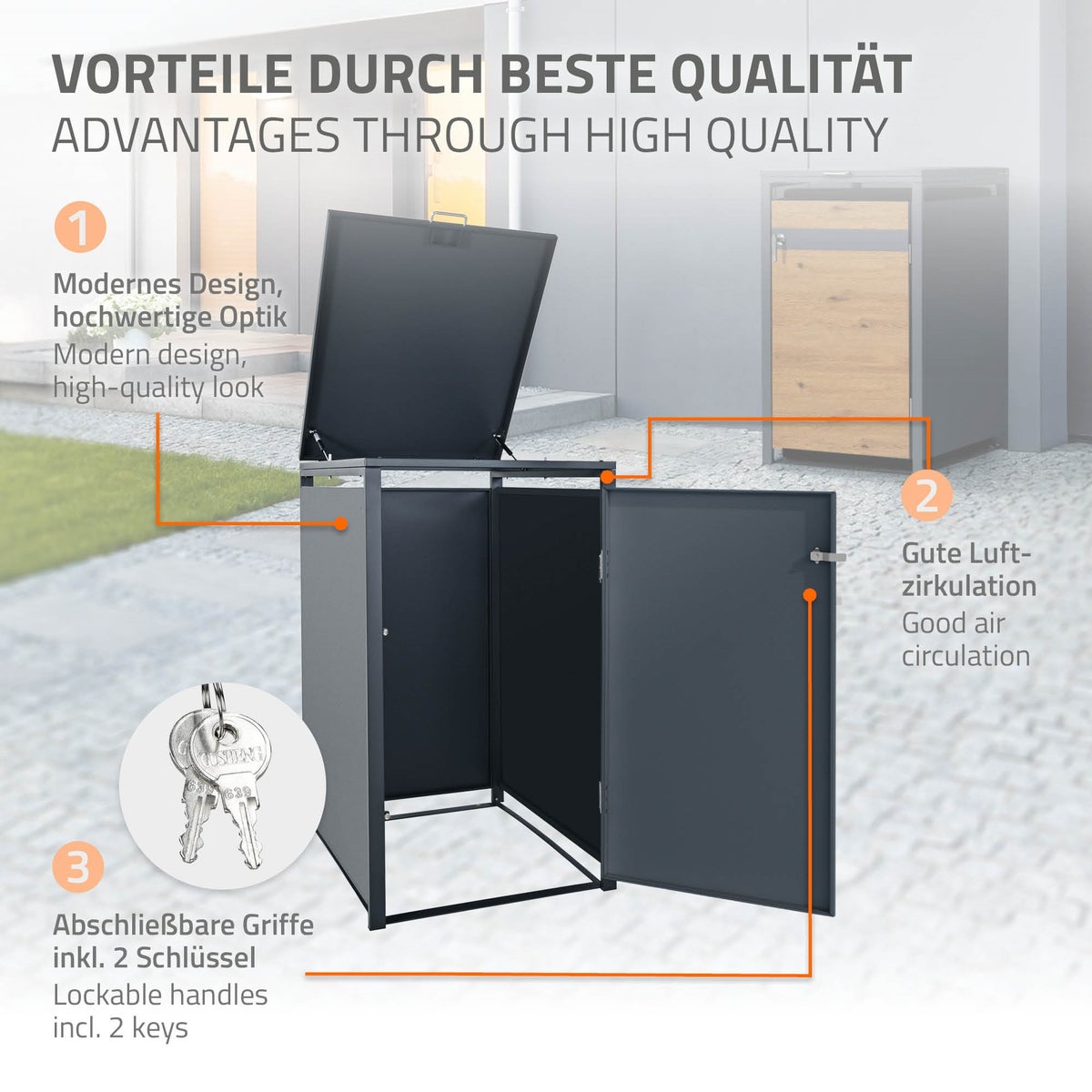 ML-Design Enkele Bak Opbergkast voor 1 Bak (240L) 68x80x116,3cm Antraciet Eiken Look, Staal, Weerbestendig, Afsluitbare Bakdeksel met Scharnierend Deksel/Deur, Bakbox, Bakcontainer, Bakdeksel