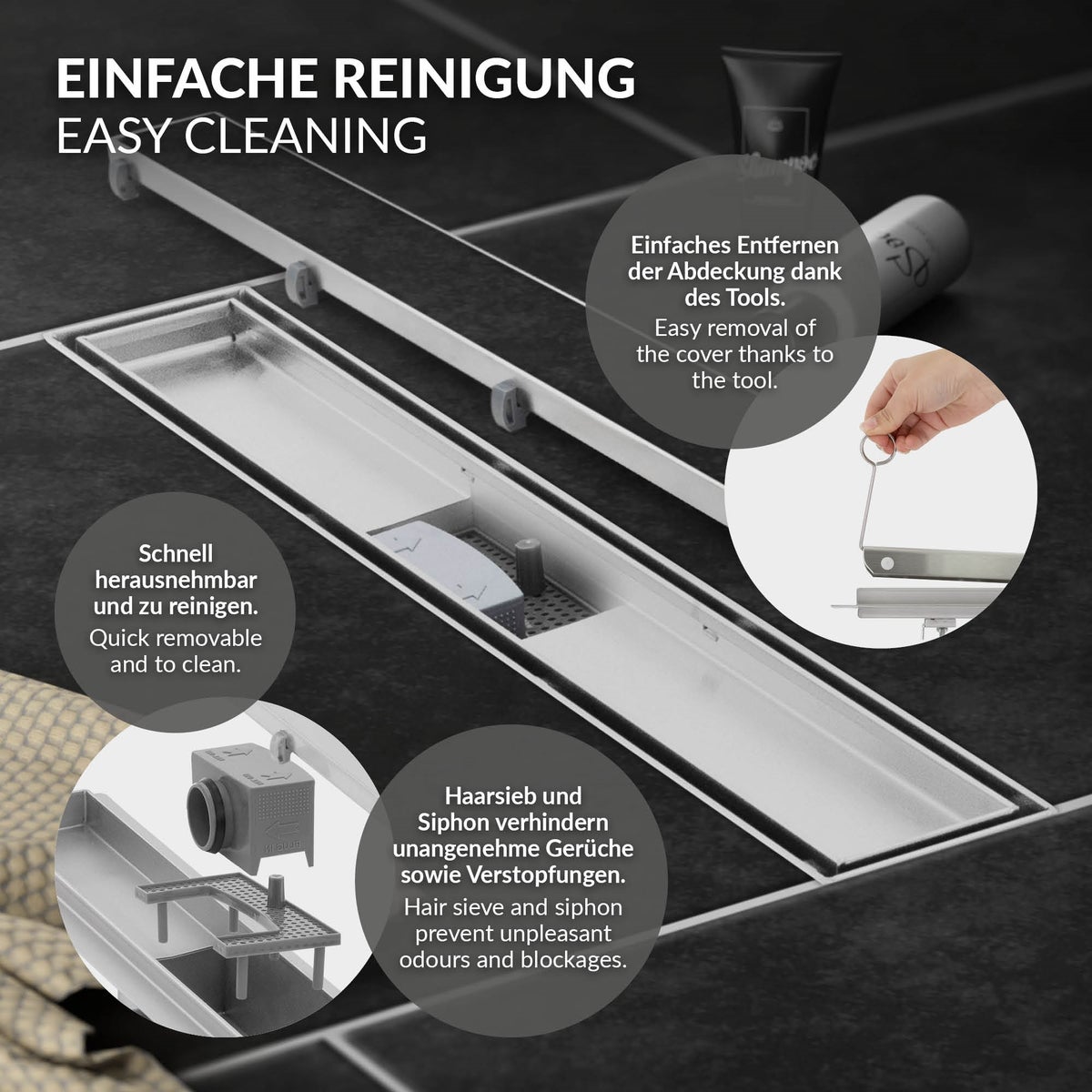 LuxeBath Doucheafvoer 70cm 2in1, betegelbaar, extra vlak, RVS, zilver, dubbelzijdige vloerafvoer, complete vloerinbouwset, doucheafvoer, sifon met stankafsluiter, haarzeef, douchegoot