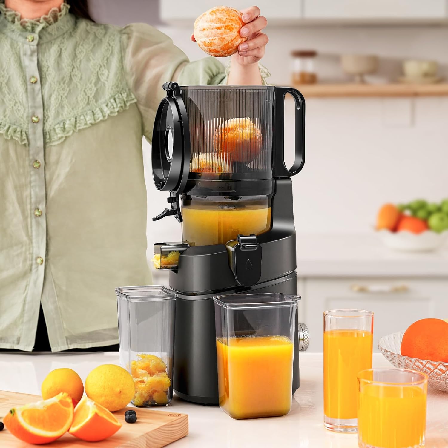 AMZCHEF 250W Automatischer All-In-One Entsafter, 145MM Öffnung und 1,8L entsafter für Gemüse und Obst, Entsafter Slow Juicer Testsieger mit Dreifachem Filter - Schwarz