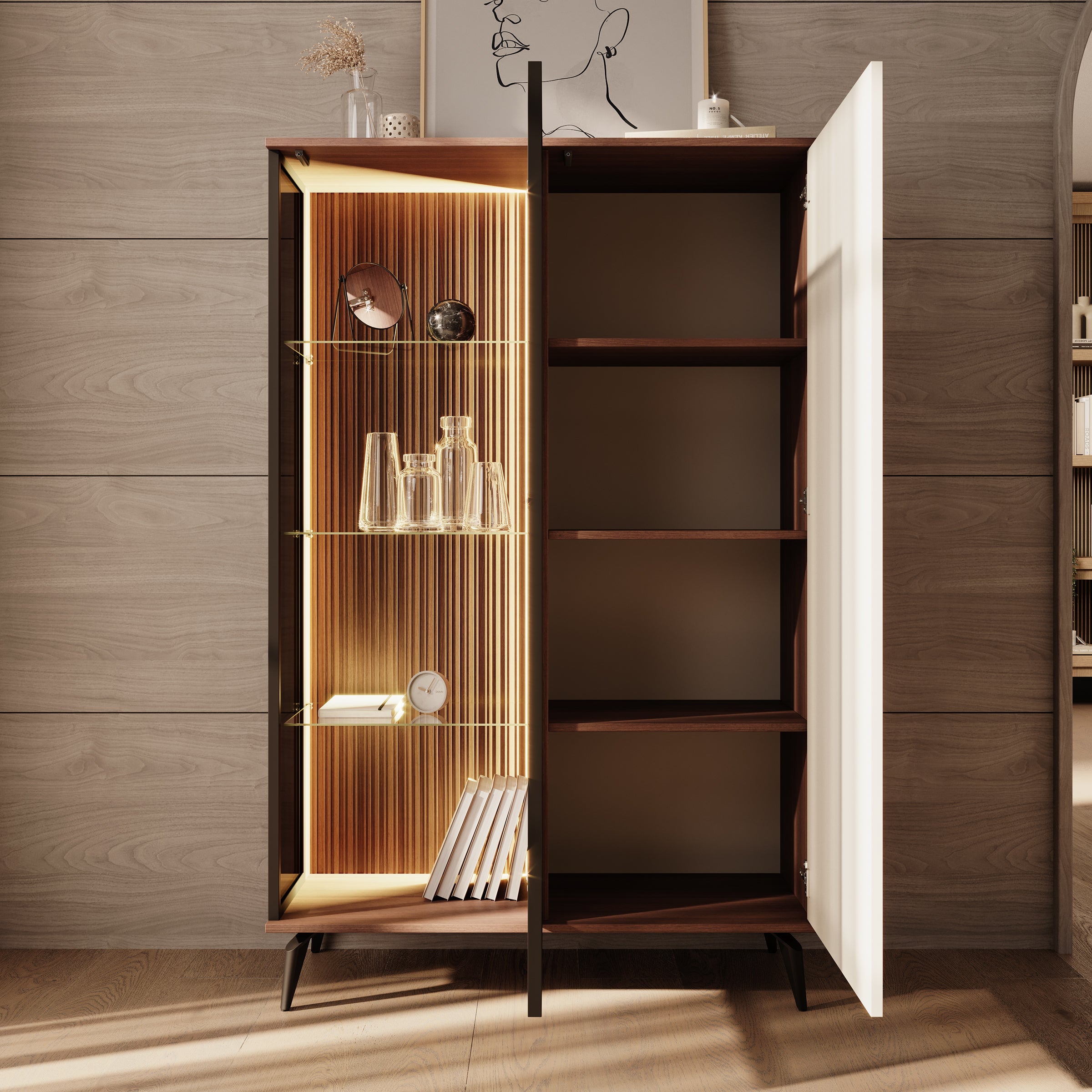 Meubella - Riverhead - Vitrinekast - Beige|Eiken - 103x39x162 cm