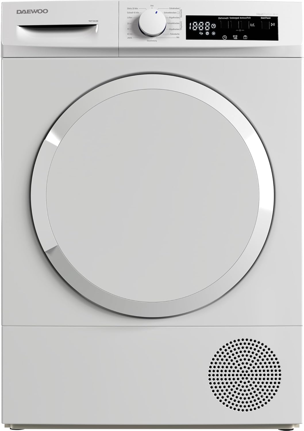 Daewoo T8HT1WA3DE Wärmepumpentrockner, C, 8 kg, Programmknebel und SoftTouch-Bedienung mit LED-Display, 15 Programme, Trommelinnenbeleuchtung, Weiß