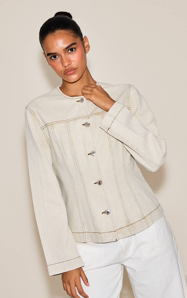 Washed Stone Veste En Jean Cintrée À Manches Longues Avec Surpiqûres Contrastées
