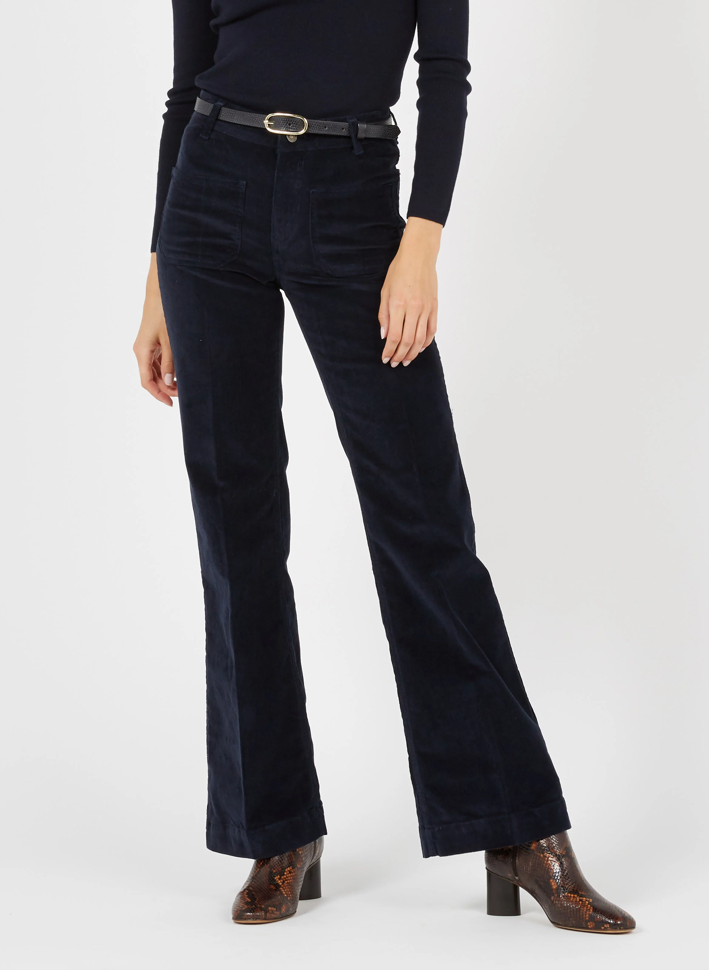 DOMPAY - Pantalon évasé côtelé en coton mélangé | Bleu