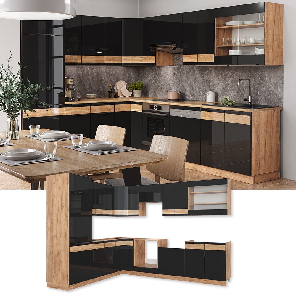 Vicco Eckküche Küchenblock Einbauküche Fame-Line Eiche Schwarz 287x227 cm modern Hochglanz Küchenschränke Küchenmöbel