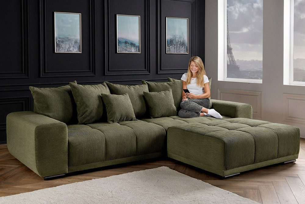 Modernes XXL Sofa ELEGANCIA 285cm grün Cord Federkern inklusive Kissen Bigsofa