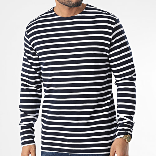 Tee Shirt Manches Longues A Rayures Briac Stripe Bleu Marine Blanc