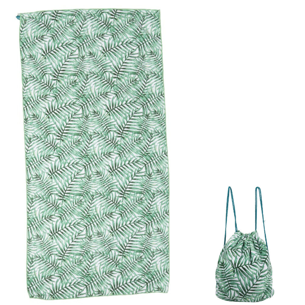 Serviette sac de plage 2 en 1 motif feuille vert blanc