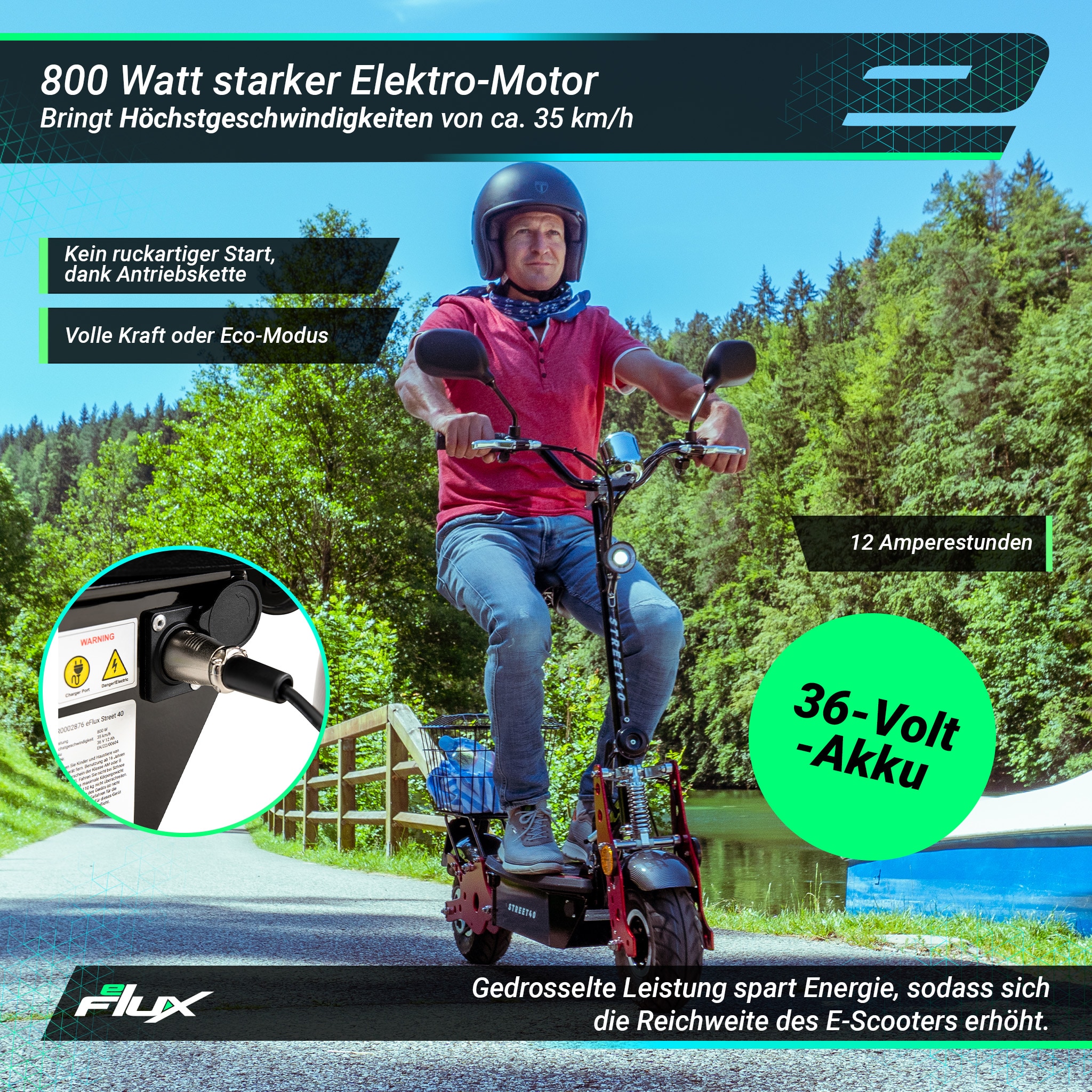 eFlux Street 40, E-Scooter mit Straßenzulassung, 35 km/h, 800 Watt, mit Sitz, Gepäck-Korb, klappbar (Schwarz)