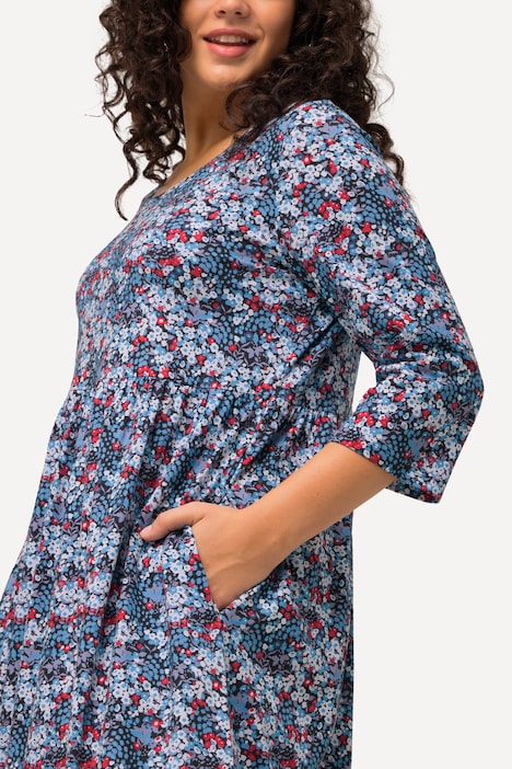 Jerseykleid, Blüten, A-Linie, Rundhals, 3/4-Arm