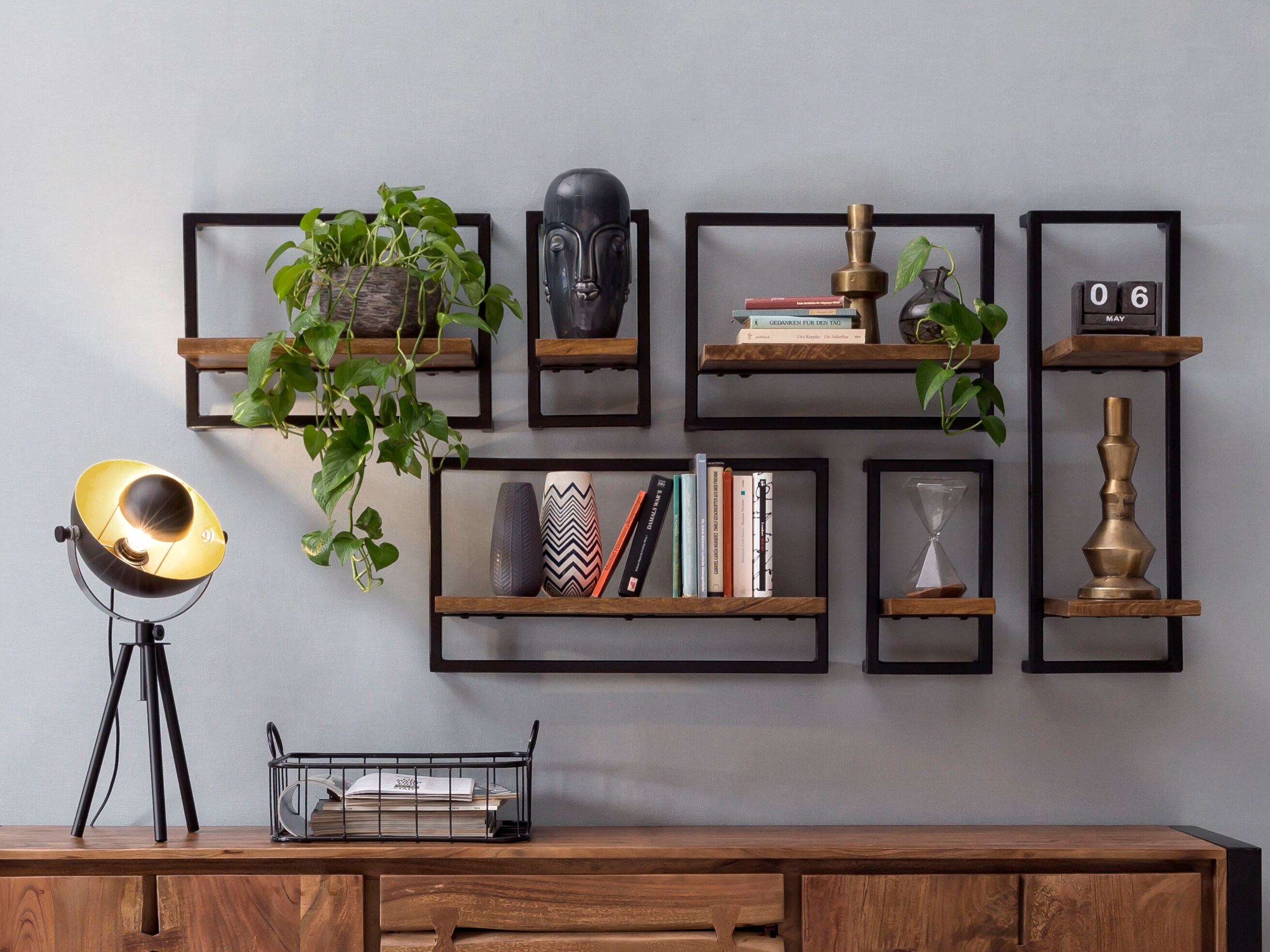 Wandregal Panama Mangoholz Metall Wandboard Ablage Regal HängeregalBücherregal