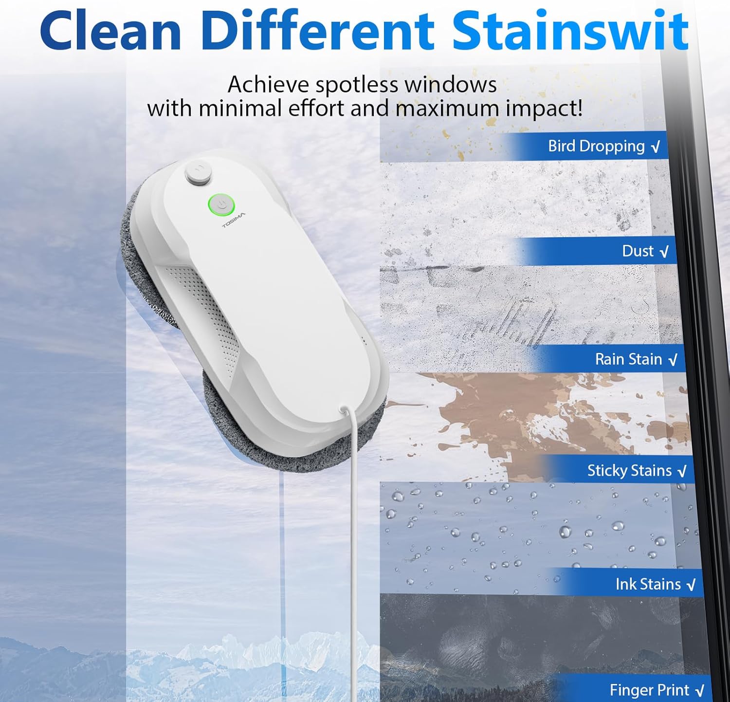Tosima fensterputzroboter mit bidirektionalem ultraschall-zerstäubungs-wasserstrahl und 85ml-wassertank fensterroboter mit starker saugkraft für gründliche Reinigung Fenster aktualisierte Version 2026