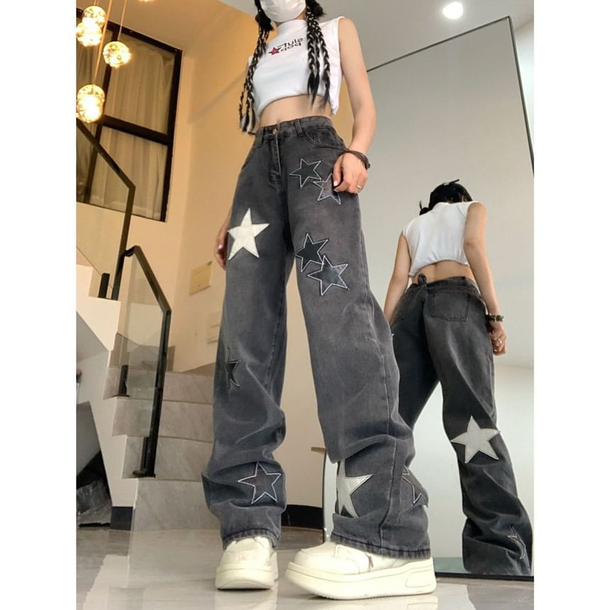 Wisjam - High Rise Star Patchwork Straight Leg Jeans