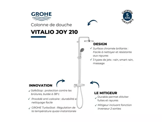Colonne de douche avec mitigeur thermostatique GROHE Vitalio Joy System 210 Quickfix + Nettoyant GroheClean